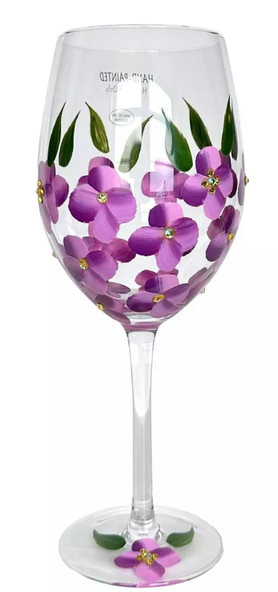 Wine Glass Hand Painted Purple Pansies Yellow Crystal Center Decorative  Glass x2