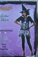 Gothic Witch Costume Girl Teen Tween Dress Hat Skull Spirit 10 12 Halloween Goth