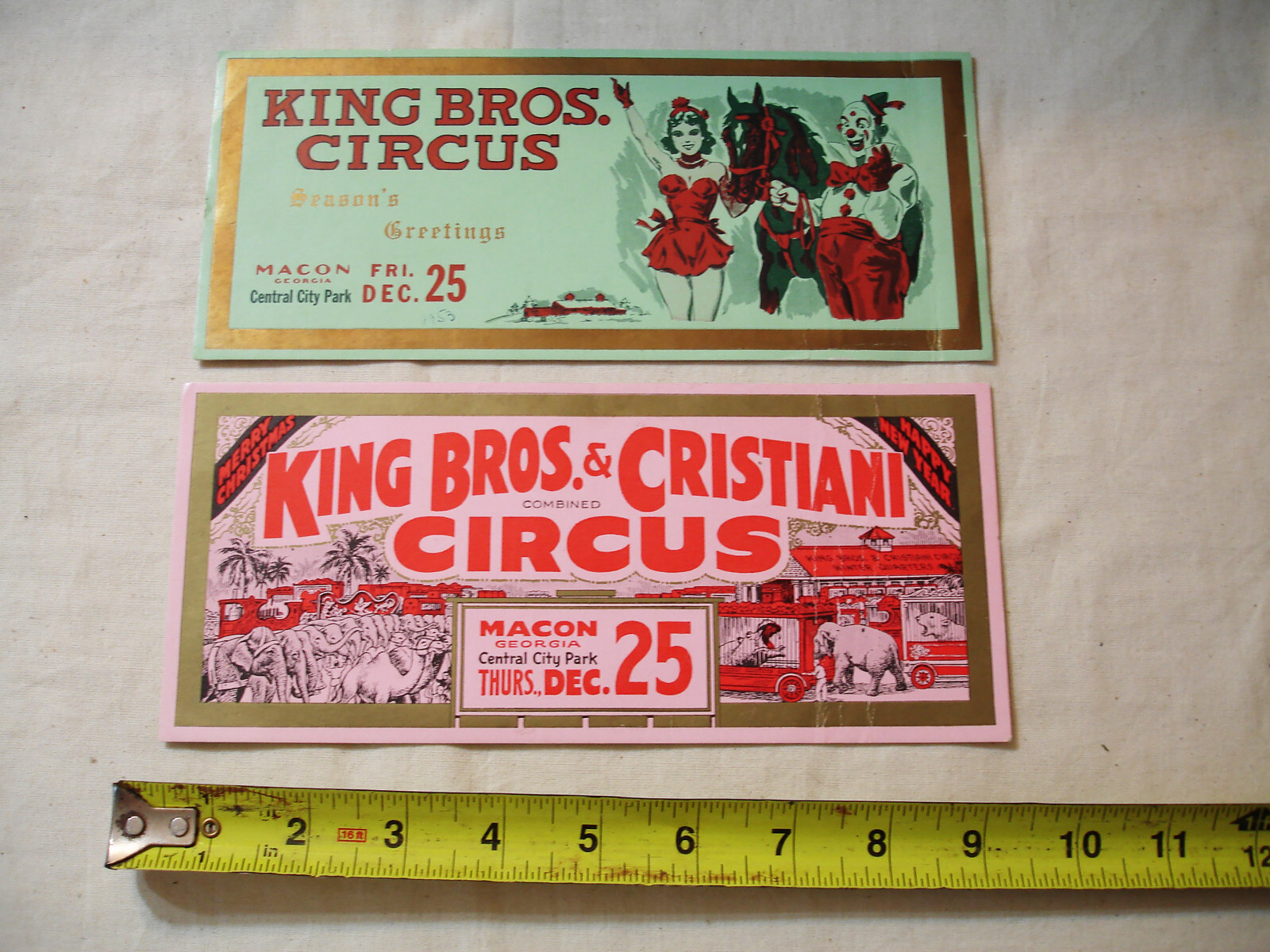 2 Large Vintage King Bros. Circus Christmas Greeting Cards plus Bonus