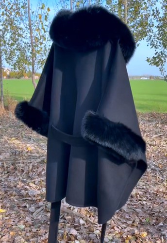 Real Genuine Wool Jacket W/ Fox Fur Collar Cuffs Coat Loose Version Customizable - Picture 2 of 17