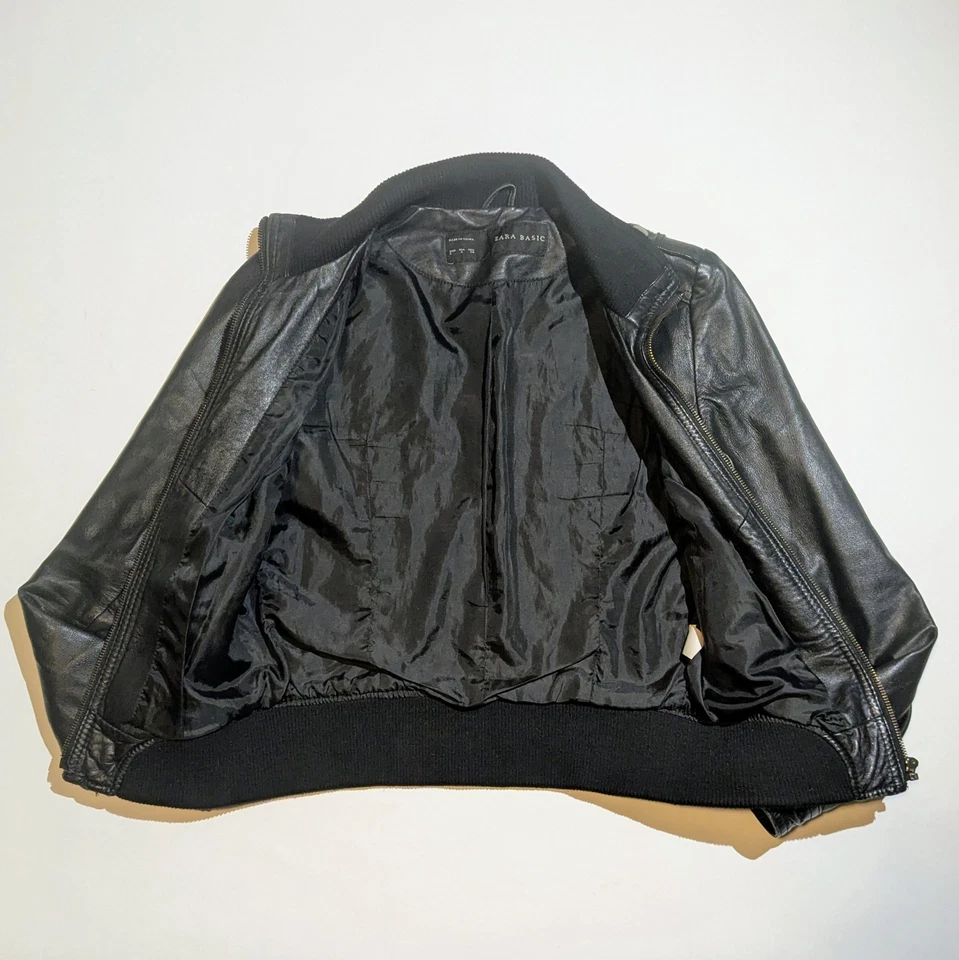 Chaqueta de moto bombardero de cuero genuino negro de cordero ZARA para mujer S se adapta a XS Foto 4 de 4