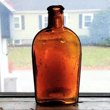 Antique Strap Sided Whiskey Flask Amber Color Bottle Half Pint 3"×6"