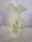 Fenton Glass Vase Ruffled Uranium Hand Painted by N Kuhne Floral Pattern