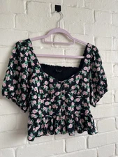 ZARA Black Pink & Green Floral Pattern Crop Top shirted back button front Size S