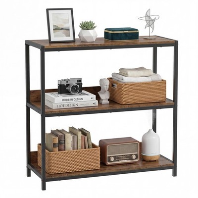 3-Tier Bookshelf, Industrial Small Bookcase with Wooden Shelves and Metal Frame