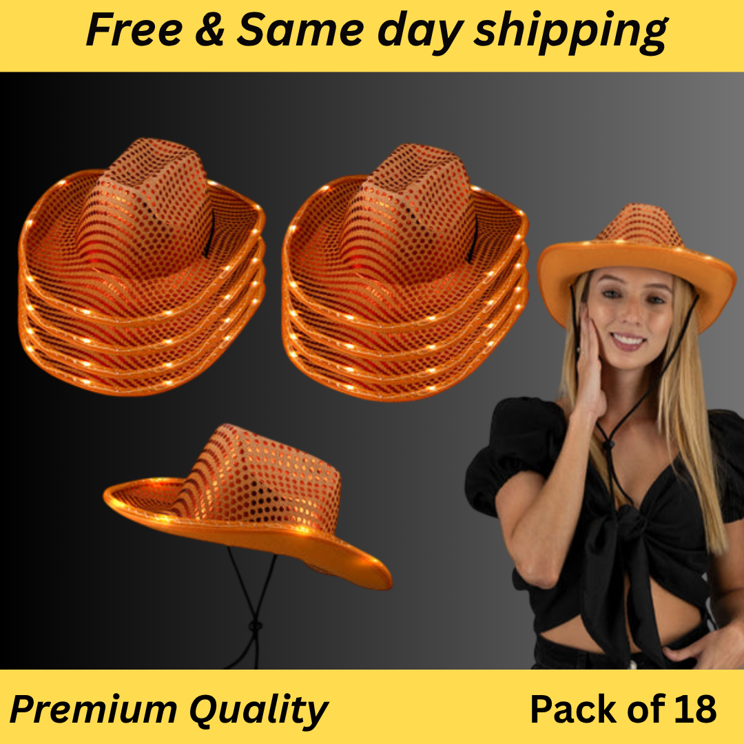 Orange Sequin Light-Up LED Cowboy Hat – Perfect for Parties, Fest Glow in Style!