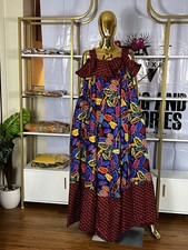 Vibrant Ankara Maxi Dress with Bold Leaf Print and Ruffle Neckline  size 8-12
