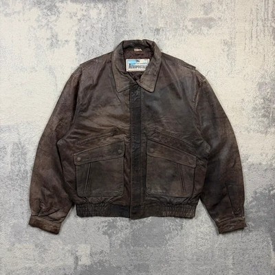 80er Jahre dunkelbraune Leder Piloten Bomber Jacke L/XL Herren Aeropostale