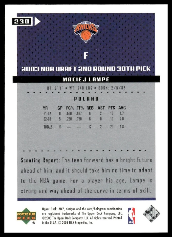 2003-04 Upper Deck MVP #230 Maciej Lampe SN,RC Gold #/100 New York Knicks NM+ - Image 2 of 2