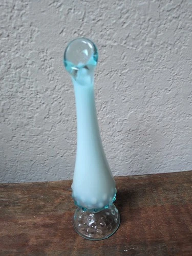 Fenton Blue Opalescent Hobnail Swung Bud Vase 9" Tall