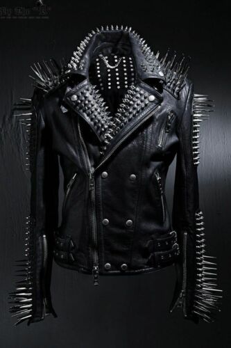 Men's Spiked Studded Leather Jacket Punk Heavy Metal Button Up Jacket Black - Picture 1 of 7