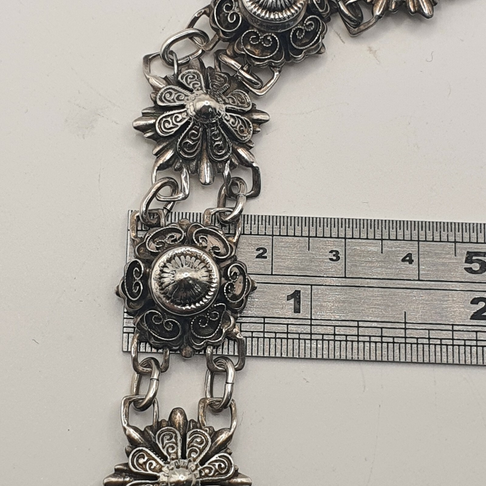 Photo 11 of Vintage Sterling Silver Filagree Flower Bracelet, unusual design 7" length, B113
