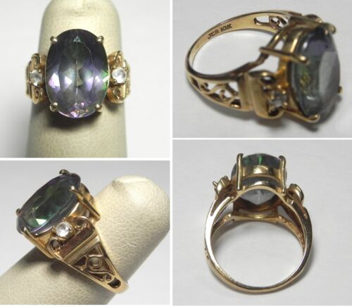 V196 Estate Solid 10K Yellow Gold Mystic Topaz and Crystal 3 Stone Ring, Sz 5 - Picture 1 of 1