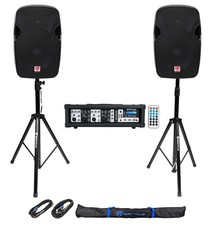  2 Rockville SPGN124 12" 1200W DJ PA Speakers Powered 4-Ch. Mixer Stands Cables