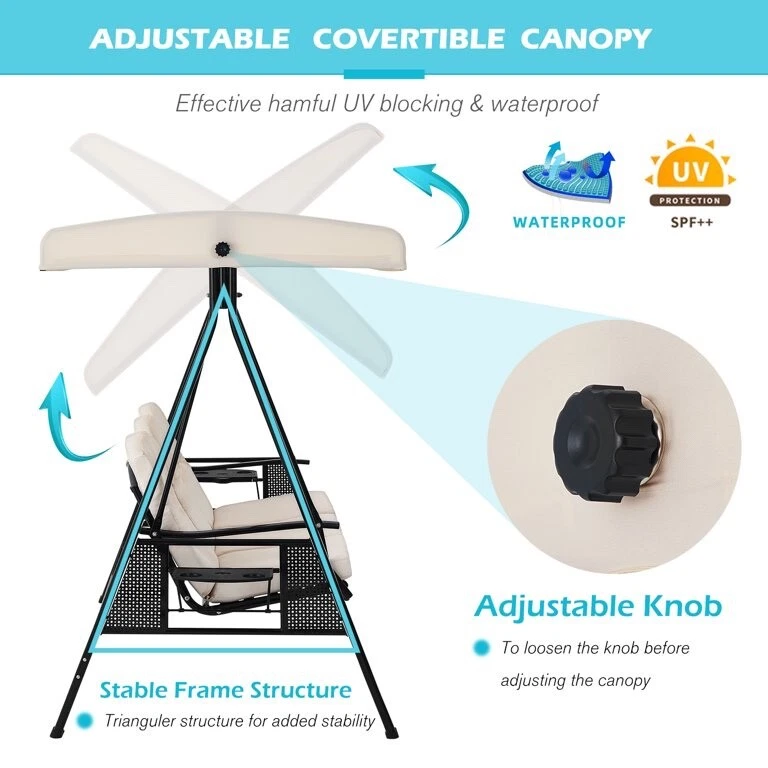Silla Columpio para Patio Exterior para 3 Personas con Cubierta de Toldo Ajustable y Marco de Acero Tamaño 2 Foto 2 de 4