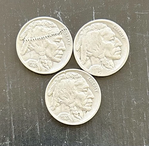 Lot Of 3 1928 P Buffalo Nickel Philadelphia Mint Full Date Horn And Tail Visible