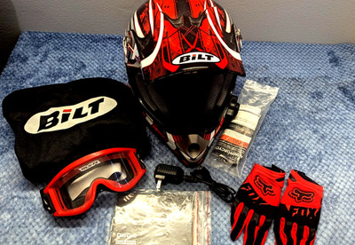 Bilt motorcross helmet set , dustbag, fox gloves and MSR goggles.Jr. Small