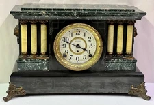 Antique Early 1900's Seth Thomas Green 6 Pillar 8 Day Mantle Shelf Clock  w/ Key