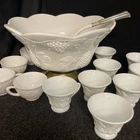 Rare Vintage Indiana Glass Punch Bowl Set Milk Glass Colony Harvest Grape Ladle