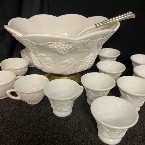 Rare Vintage Indiana Glass Punch Bowl Set Milk Glass Colony Harvest Grape Ladle