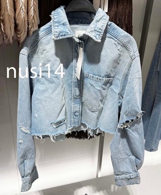 ZARA NEW WOMAN FRAYED TRF RIPPED CROP DENIM OVERSHIRT BLUE XS-XL