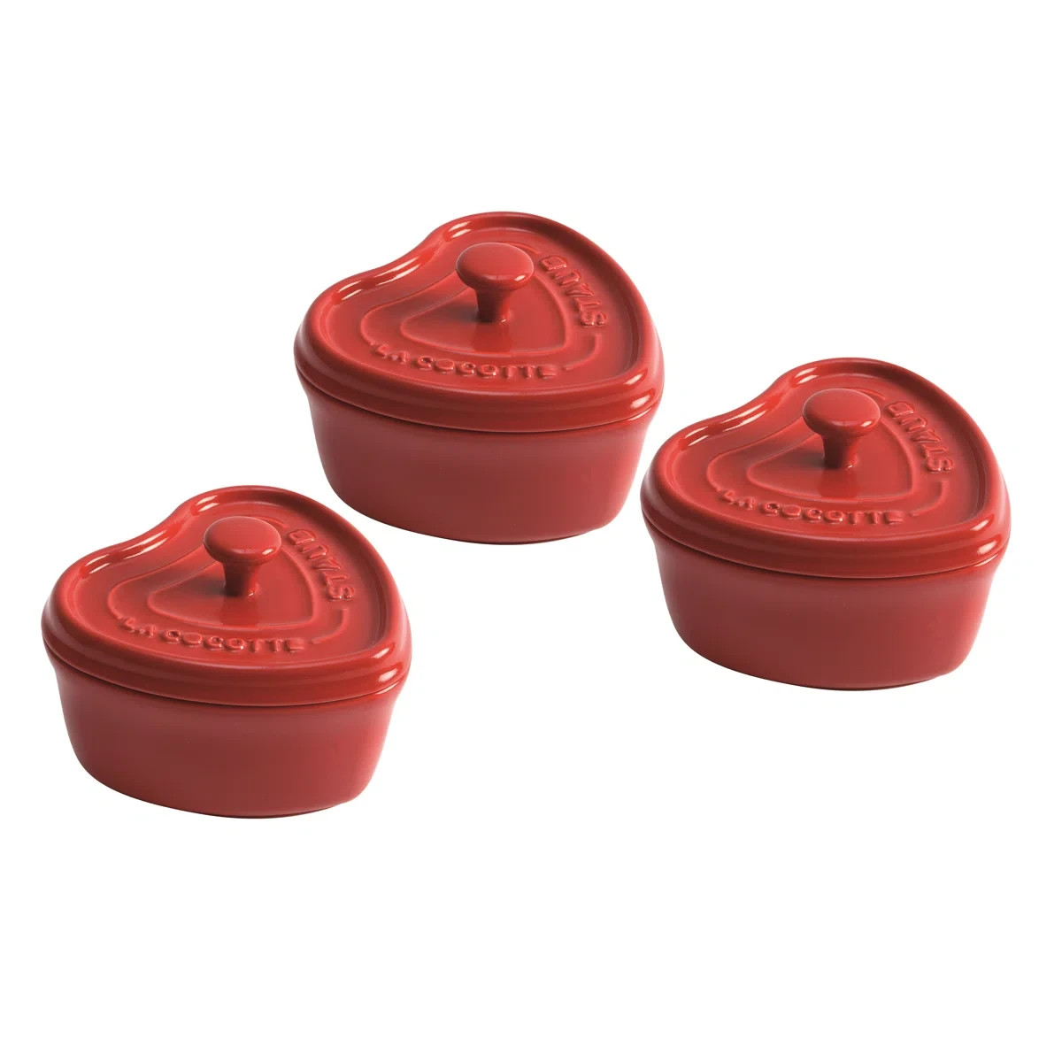 Staub Ceramic 3-piece Cherry Red Mini Heart Cocotte Set for sale