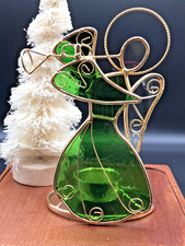 Green Stain Glass with Gold Trim Angel with Trumpet Tea Light Holder Christmas