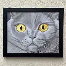 British Shorthair Cat Art Painting 8x10 Framed Acrylic on Canvas Board Handmade