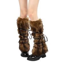 Faux Fur fuzzy Leg Warmers for Women Winter Furry Leg Warmer Fluffy Boot Brown
