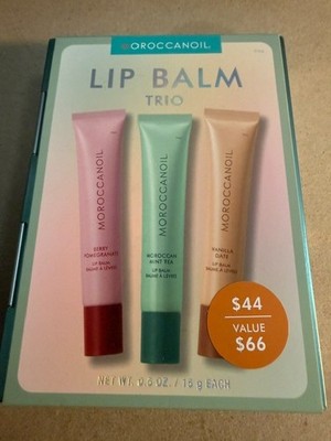 MOROCCANOIL LIP BALM TRIO - Berry Pomegranate Mint Tea Vanilla Date NIB Free Sh