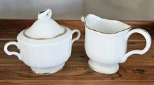 Mikasa Creamer & Sugar Bowl Set White w Gold Trim Gold Coin Pattern L9324 Mint