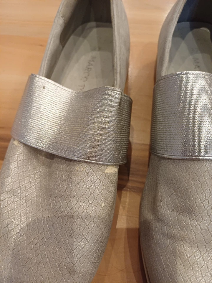 Damen Slipper 37 Hellgrau Silber Marco Tozzi Kunstleder Halbschuhe Flache Schuhe - Bild 3 von 4