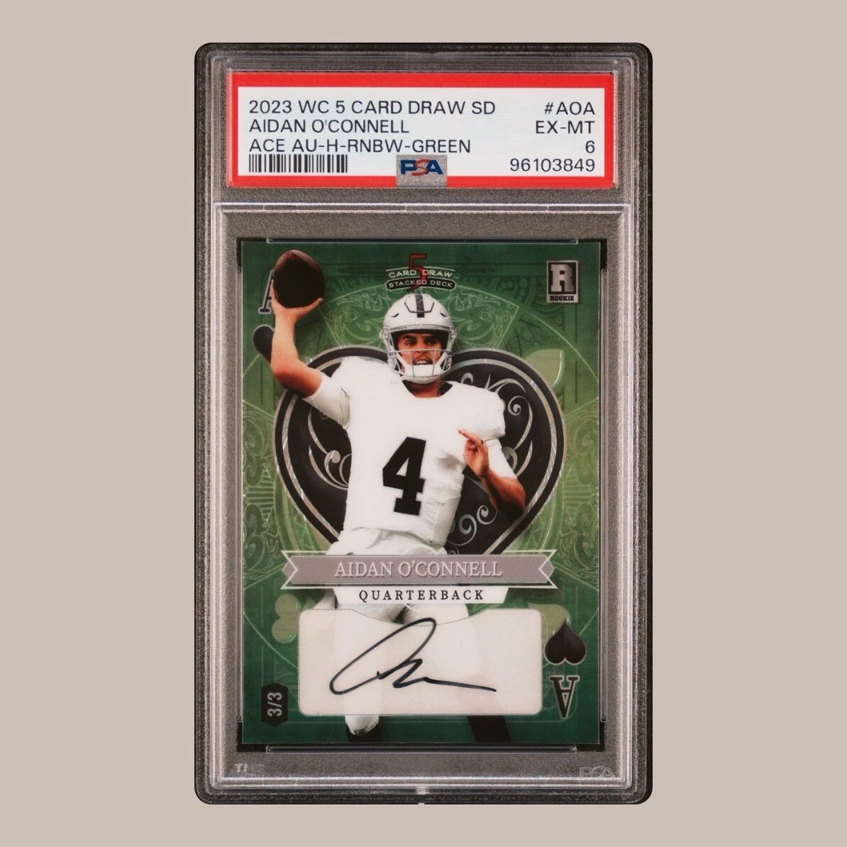 Aidan O'Connell Wild Card 5 Card Draw Stacked Deck Ace Autographs #AOA Heart-Rainbow Foil-Green