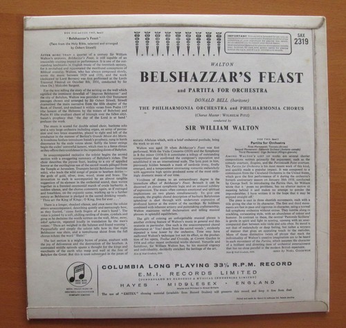 SAX 2319 Walton Conducts Belshazzar's Feast Partita EX Columbia Stereo LP - Picture 5 of 5