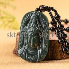 Certified Natural Dark Green HeTian Nephrite Jade GuanYin Head Pendant Necklace