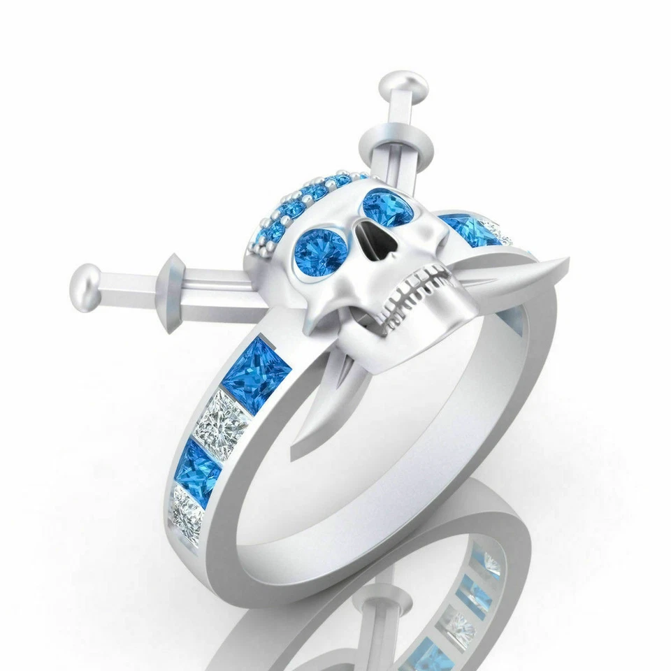 Calavera Jack Sparrow con zafiro azul simulado en anillo de plata argentino 935 Foto 3 de 4