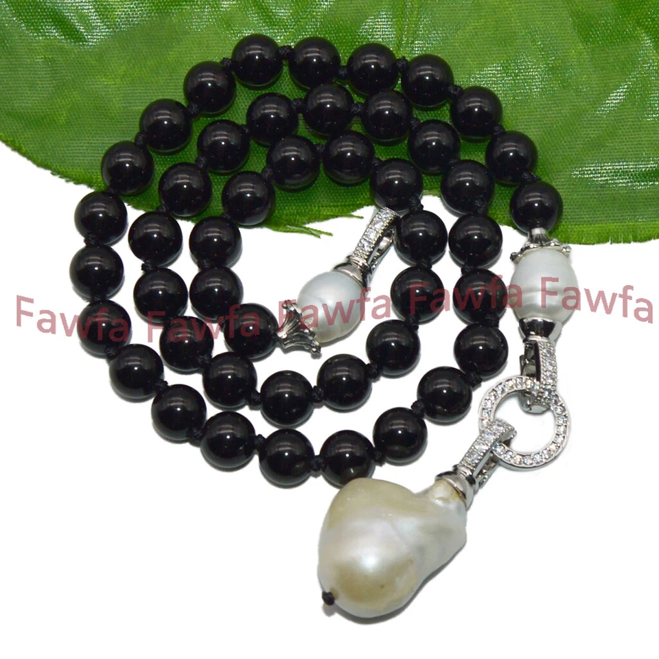 Collar Colgante Perla Barroca Keshi Blanca Gemas Ágata Negra Natural 6/8/10/12mm Foto 4 de 4