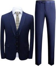 Men's Notch Lapel Stripe 3 Pieces Suit Navy  Blue stripe Jacket 44" Trouser 32"