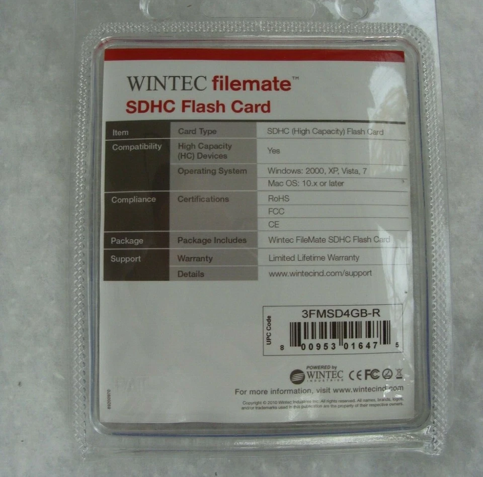 NEW SEALED Wintec Filemate 4 GB Class 4 Secure Digital SDHC Card (3FMSD4GB-R) - Image 3 of 3