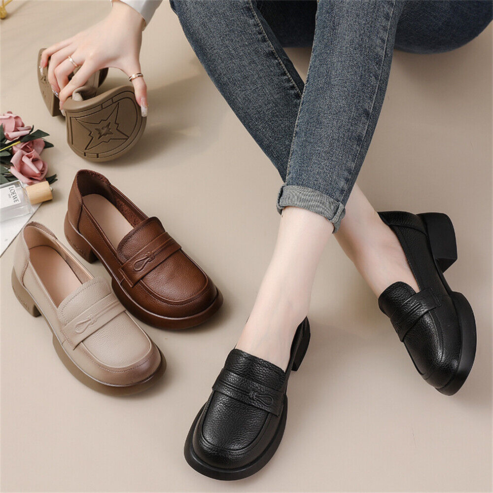 Women's Cow Leather Vintage Shoes Thick Bottom Causal Slip Women's Cow Leather Vintage Shoes Thick Bottom Causal Slip