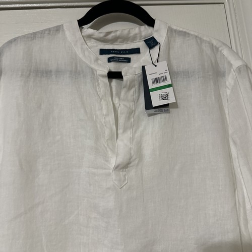 Perry Ellis Collarless White 100% Linen Long Sleeve Short Sz L NWT - Picture 2 of 5