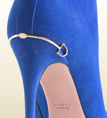 GUCCI ADINA AMAZING BLUE SUEDE GOLD LOGO ANKLE BOOTS EU 37 37.5 I LOVE SHOES