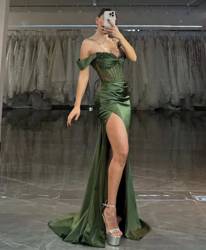 olive green mermaid prom dress Mermaid Olive Green Prom Dresses Satin Split Prom Gown