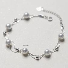 New Real Sterling Silver Mini Beads O Chain with Pearl Link Bracelet Best Gift