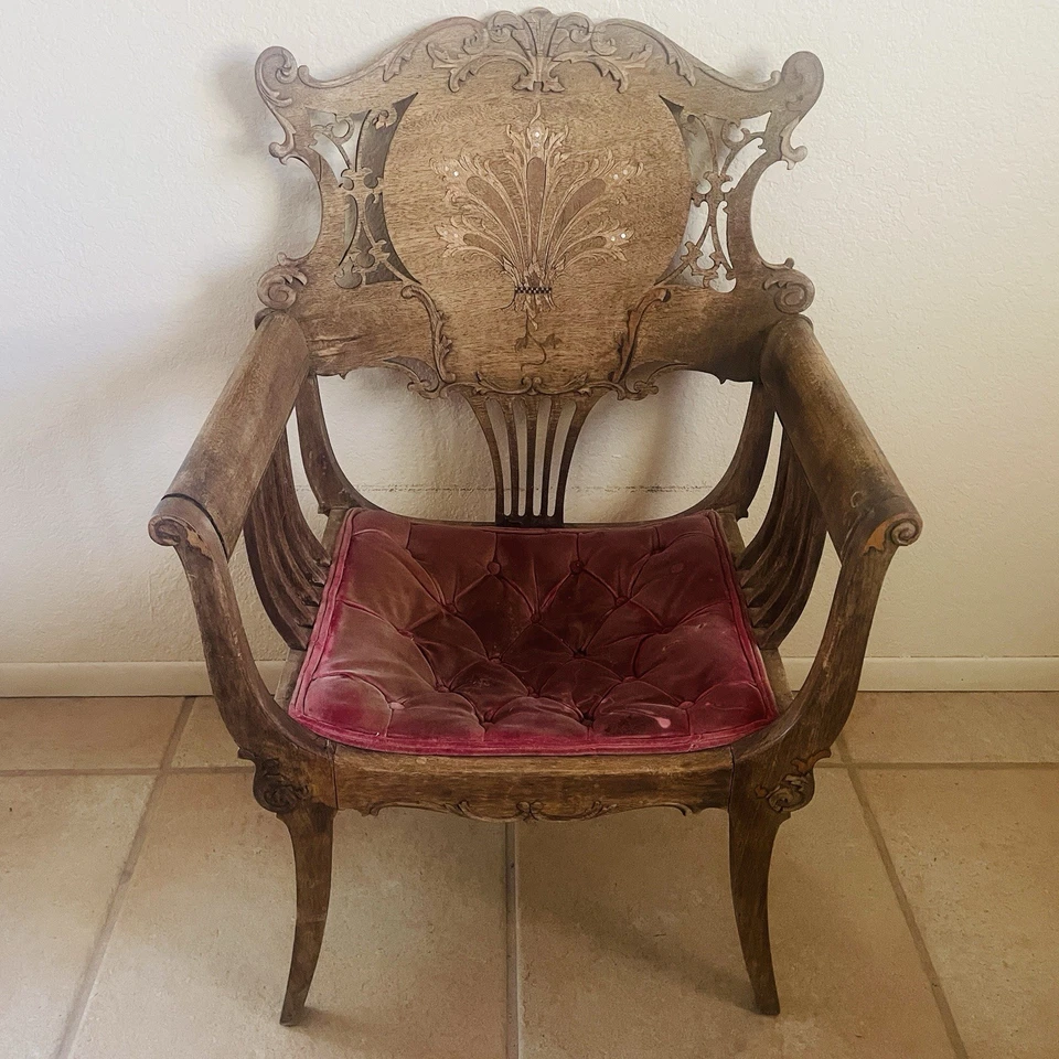 Antique Edwardian Mahogany Parlor Chair Marquetry Inlaid 19th Century Distressed - Image 2 of 4