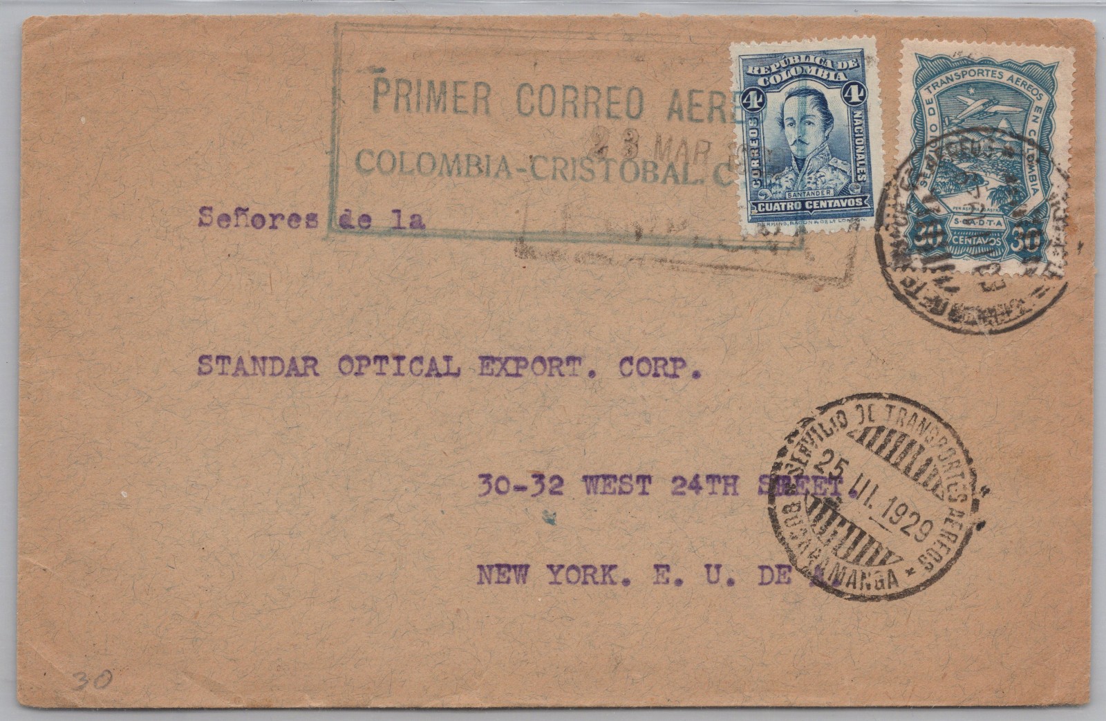 1929 Colombia SCADTA Airmail Cover – Primer Correo Aéreo to USA