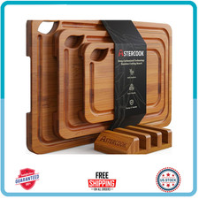 Deep-Carbonized Bamboo Cutting Boards for Kitchen with Wood Storage Stand, Rever