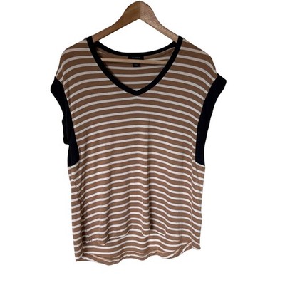 Halogen Striped Cap Sleeve V-Neck Top Womens Medium Tan Black White Excellent