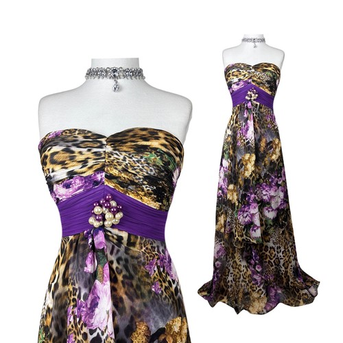 Y2K Leopard Floral Maxi Dress: Strapless Purple Gown, Vintage Prom Evening Wear
