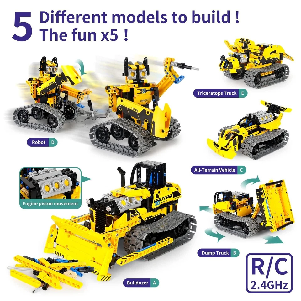 Remote Control Building Toy Set - 5 Models Including Bulldozer and Triceratops - Image 2 of 4